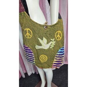 Peace Dove Flower Hippie Bohemian Hobo Green Canvas Purse Made In Nepal 15x15